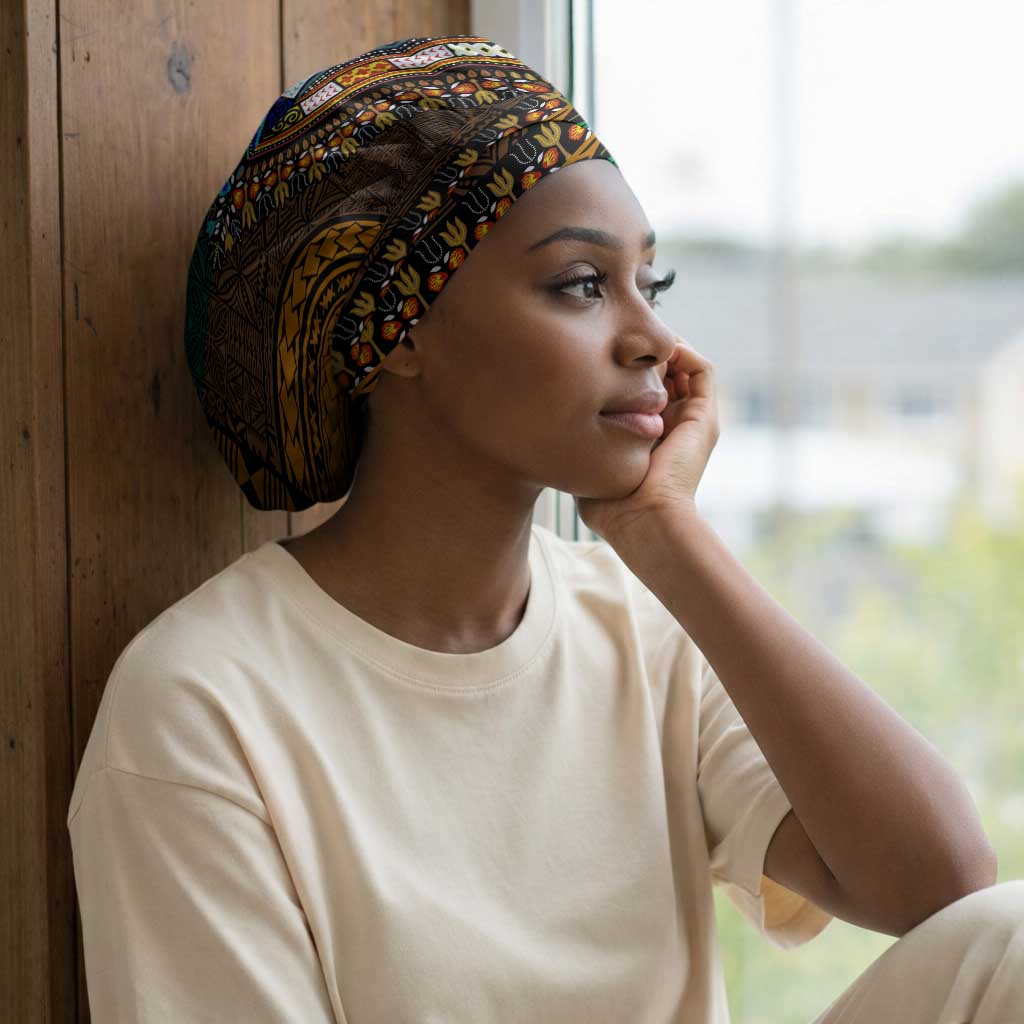 Green-gold Dashiki and Tapa Pattern Easy Headwrap Africa and Polynesia Together Culture
