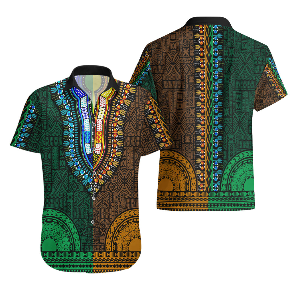 African Dashiki Hawaiian Shirt With Tapa Pattern - Half Green and Gold - Wonder Print Shop