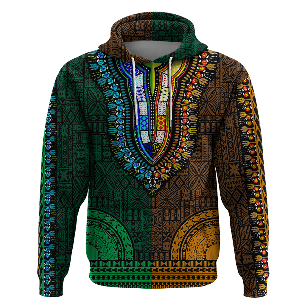 African Dashiki Hoodie With Tapa Pattern - Half Green and Gold - Wonder Print Shop