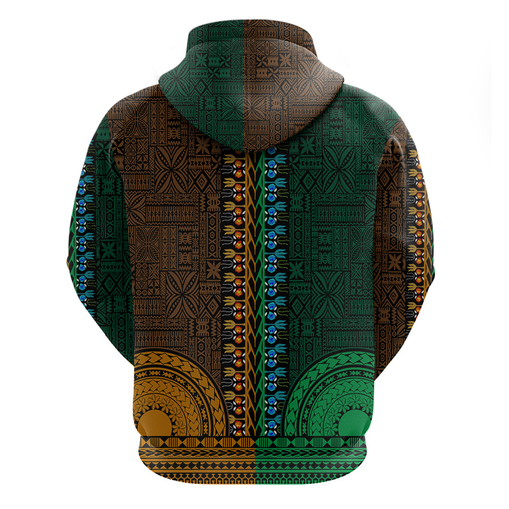 African Dashiki Hoodie With Tapa Pattern - Half Green and Gold - Wonder Print Shop