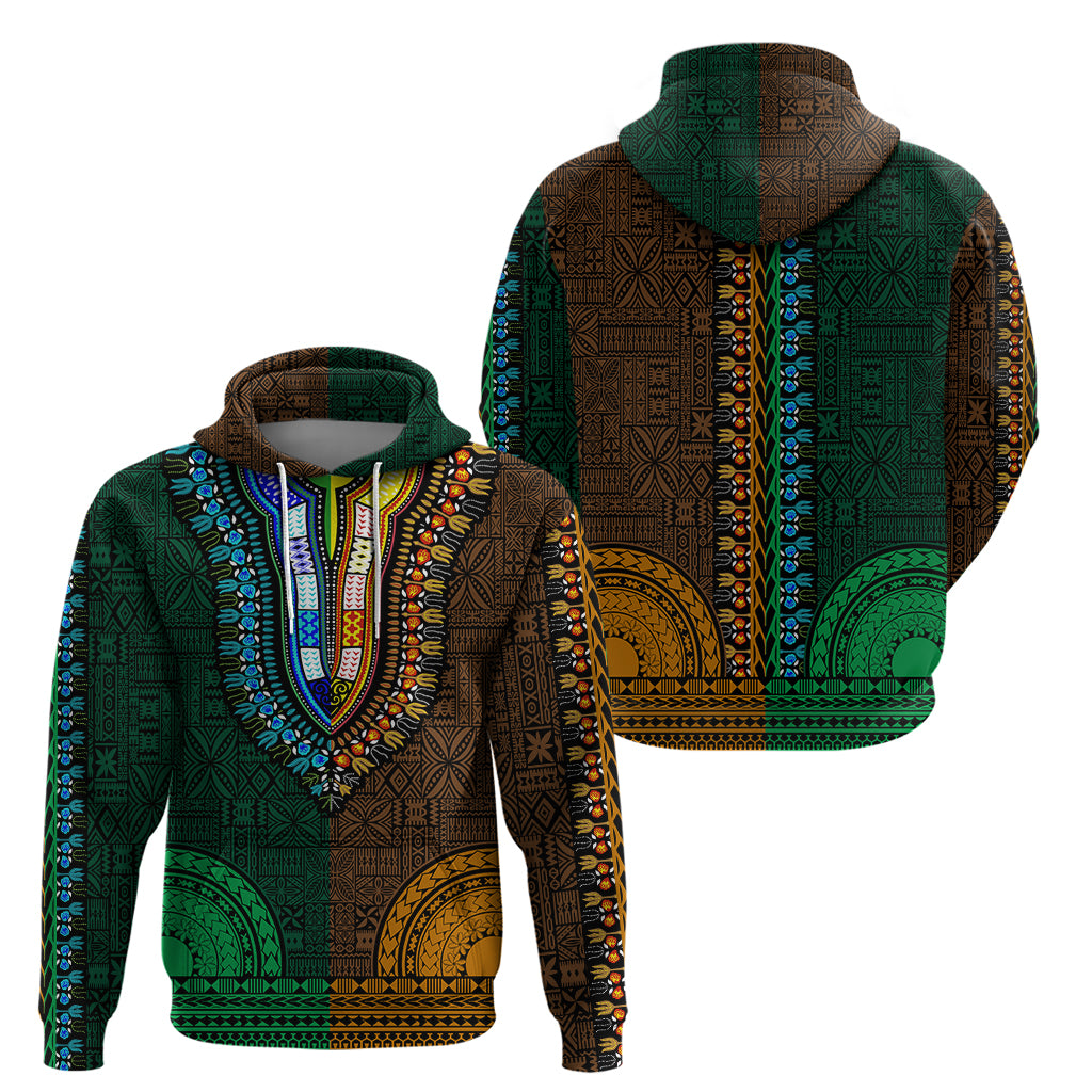 African Dashiki Hoodie With Tapa Pattern - Half Green and Gold - Wonder Print Shop