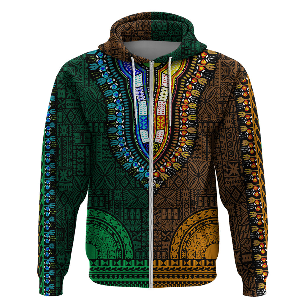 African Dashiki Hoodie With Tapa Pattern - Half Green and Gold - Wonder Print Shop