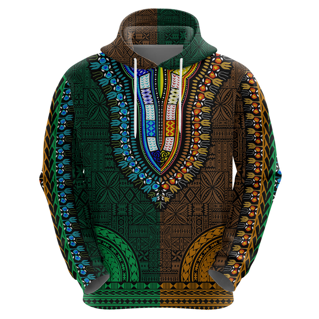 African Dashiki Hoodie With Tapa Pattern - Half Green and Gold - Wonder Print Shop