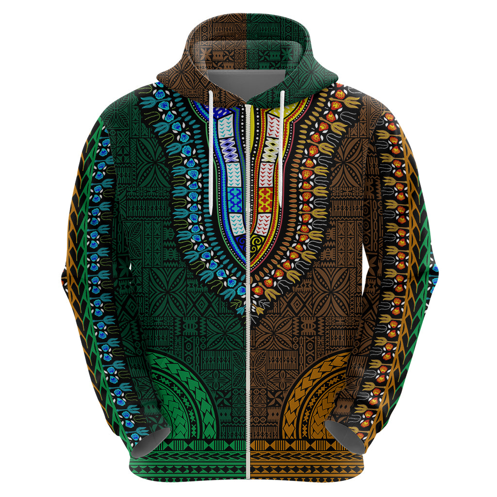 African Dashiki Hoodie With Tapa Pattern - Half Green and Gold - Wonder Print Shop