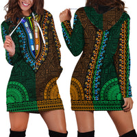 African Dashiki Hoodie Dress With Tapa Pattern - Half Green and Gold - Wonder Print Shop