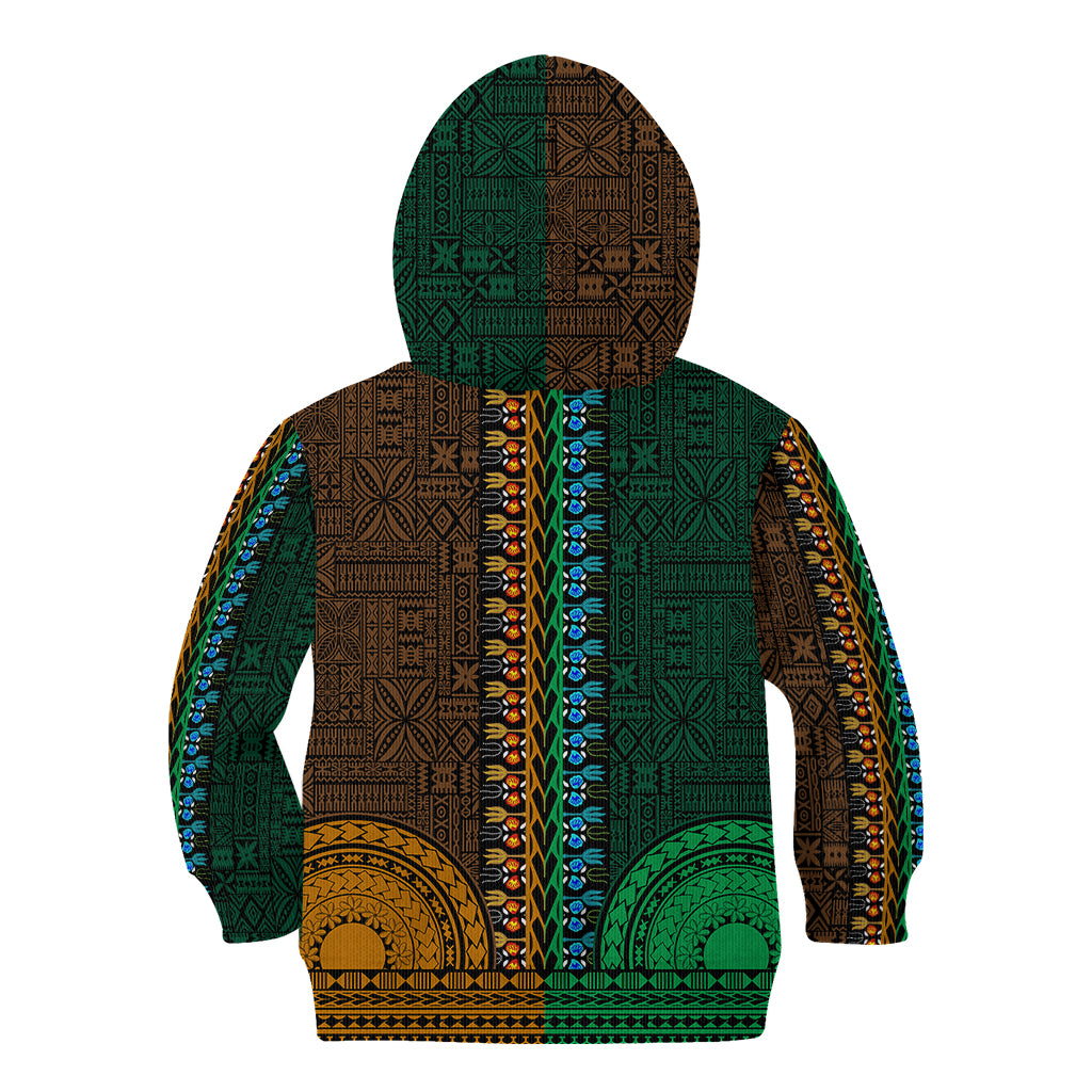 African Dashiki Kid Hoodie With Tapa Pattern - Half Green and Gold - Wonder Print Shop