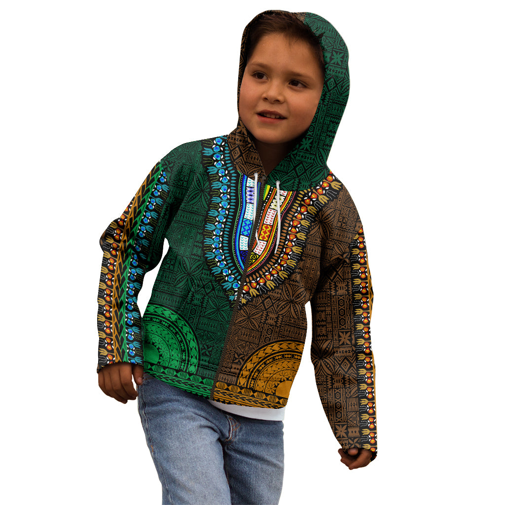 African Dashiki Kid Hoodie With Tapa Pattern - Half Green and Gold - Wonder Print Shop