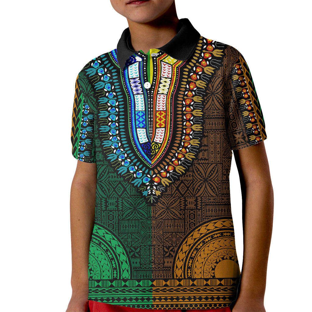 African Dashiki Kid Polo Shirt With Tapa Pattern - Half Green and Gold - Wonder Print Shop