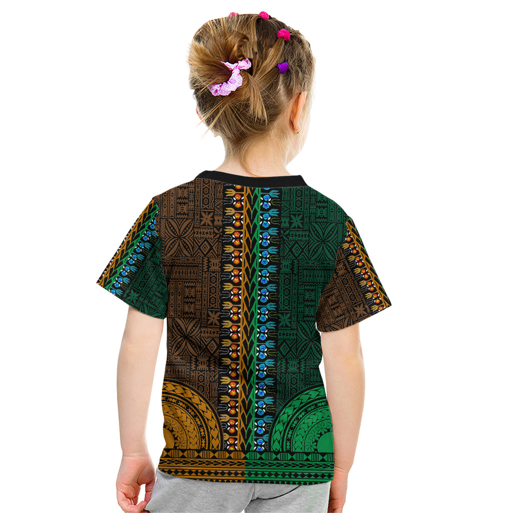 African Dashiki Kid T Shirt With Tapa Pattern - Half Green and Gold - Wonder Print Shop