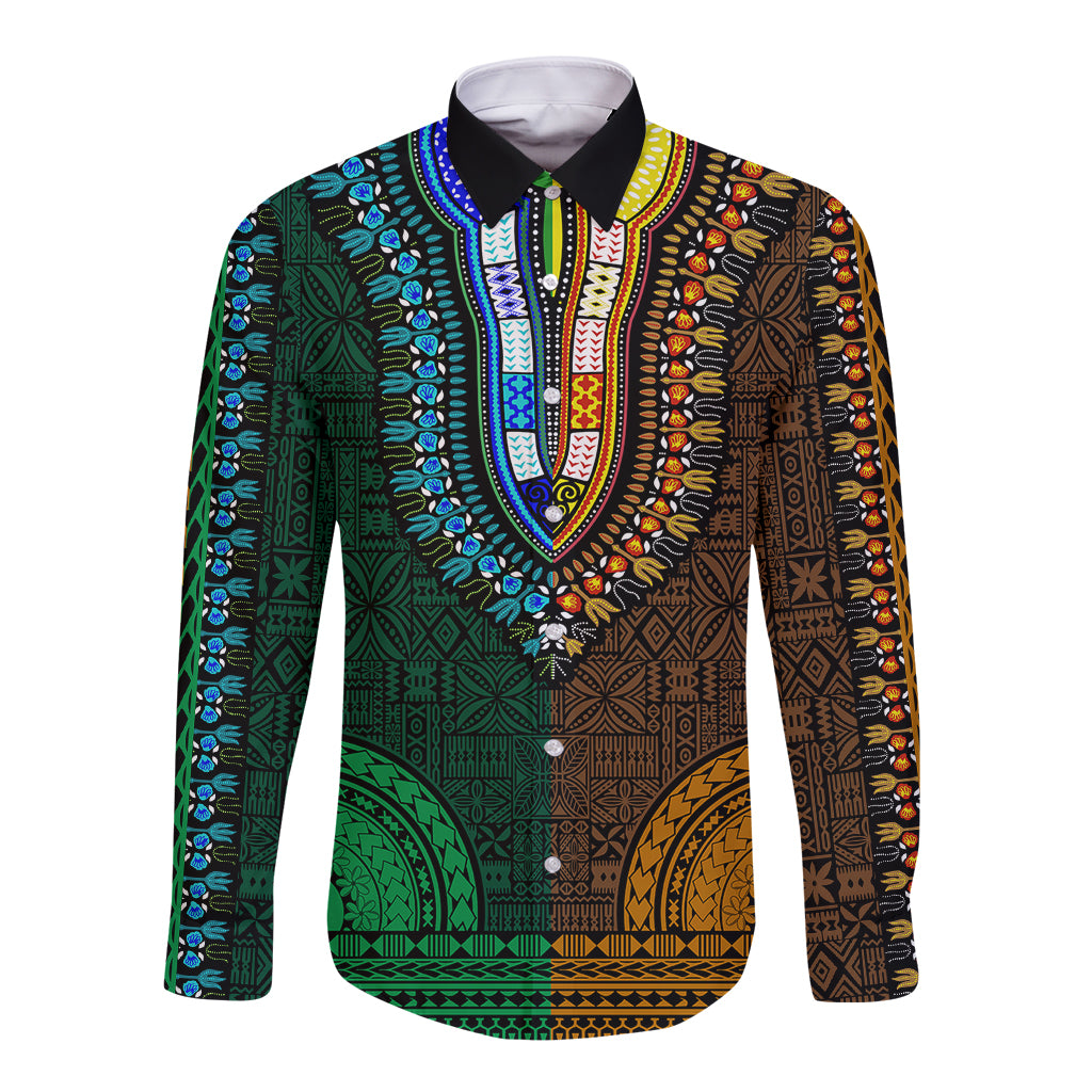 African Dashiki Long Sleeve Button Shirt With Tapa Pattern - Half Green and Gold - Wonder Print Shop