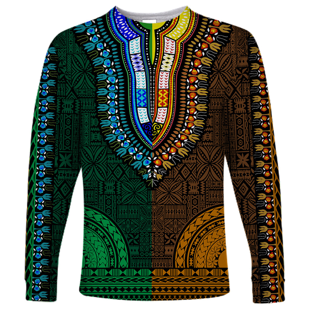 African Dashiki Long Sleeve Shirt With Tapa Pattern - Half Green and Gold - Wonder Print Shop