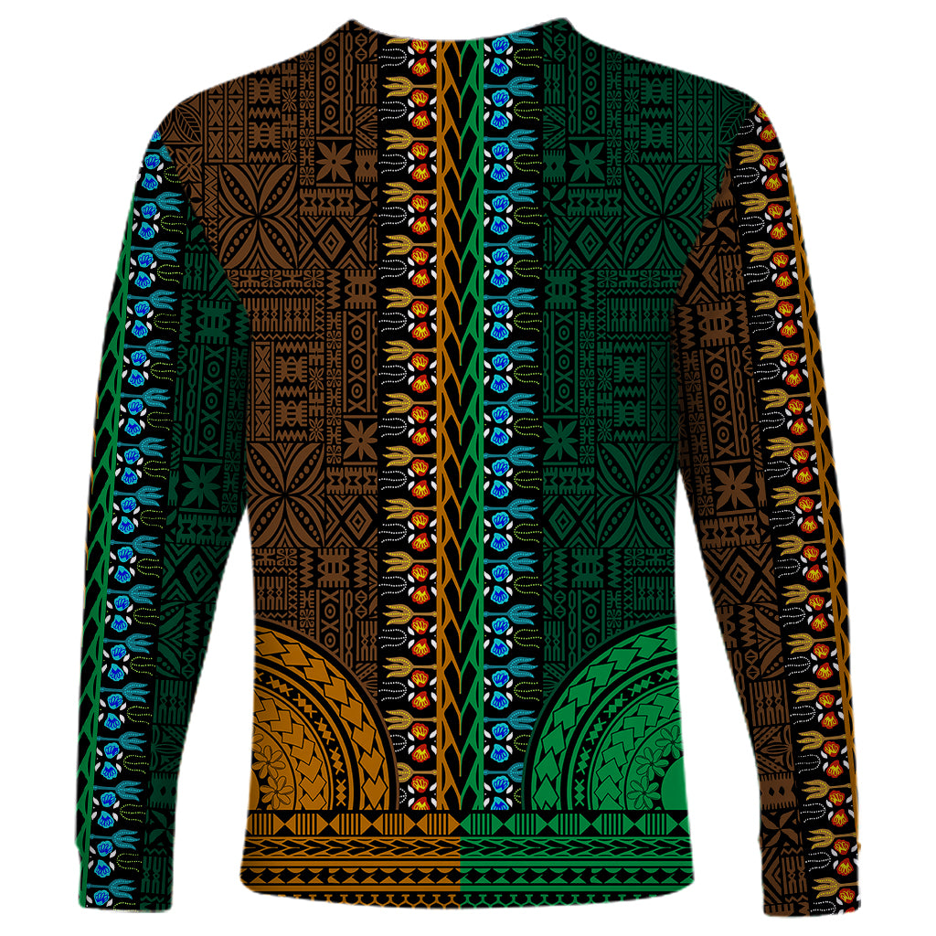 African Dashiki Long Sleeve Shirt With Tapa Pattern - Half Green and Gold - Wonder Print Shop