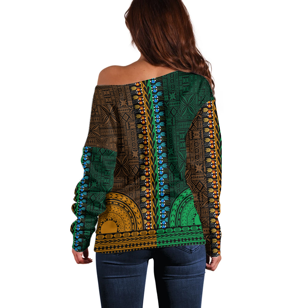 African Dashiki Off Shoulder Sweater With Tapa Pattern - Half Green and Gold - Wonder Print Shop