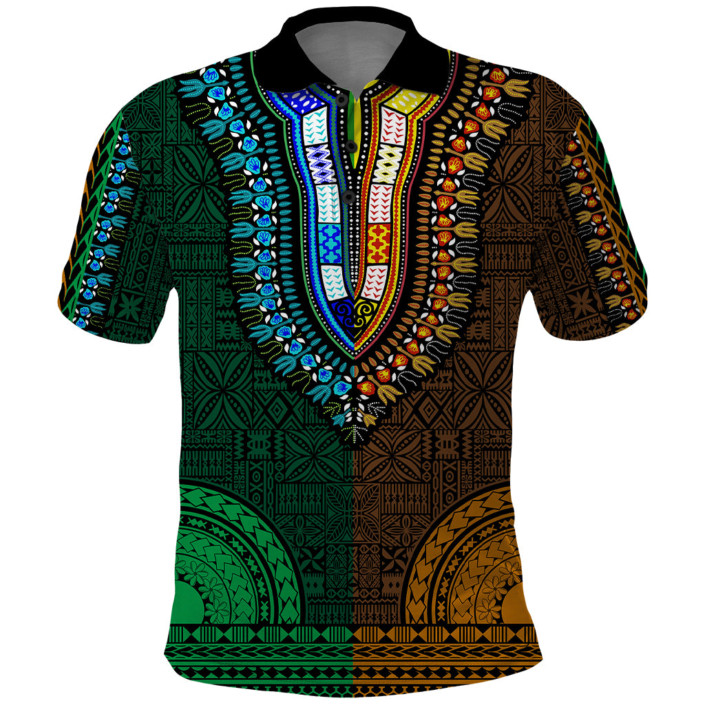 African Dashiki Polo Shirt With Tapa Pattern - Half Green and Gold - Wonder Print Shop