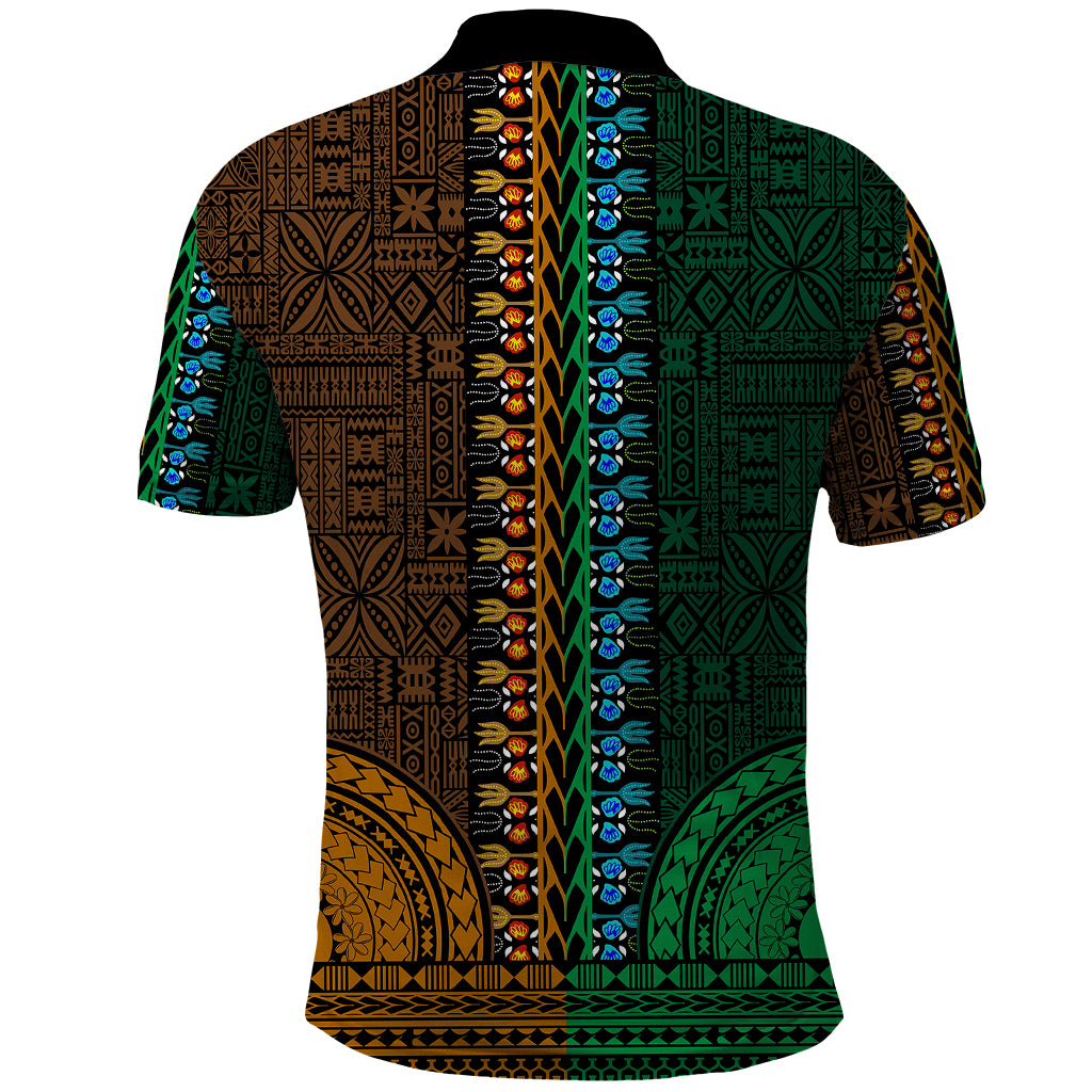 African Dashiki Polo Shirt With Tapa Pattern - Half Green and Gold - Wonder Print Shop