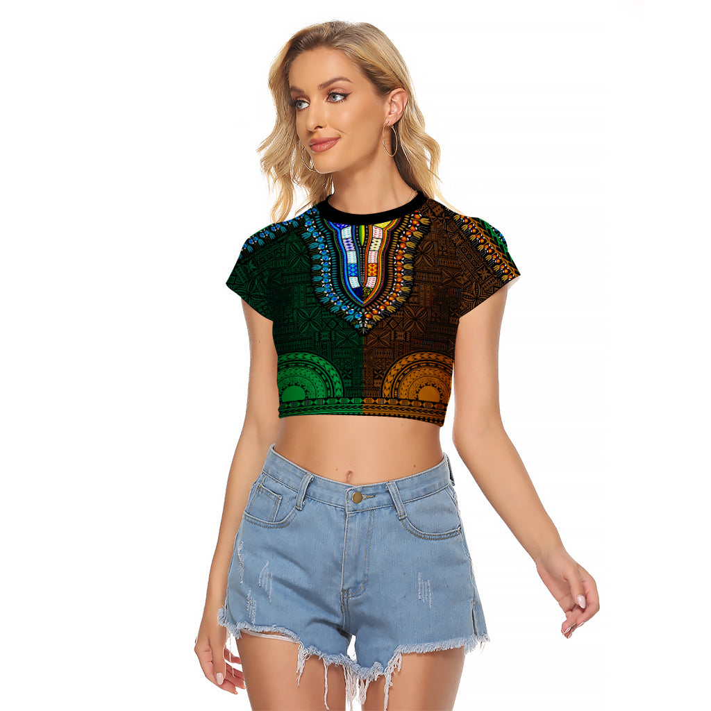African Dashiki Raglan Cropped T Shirt With Tapa Pattern - Half Green and Gold - Wonder Print Shop