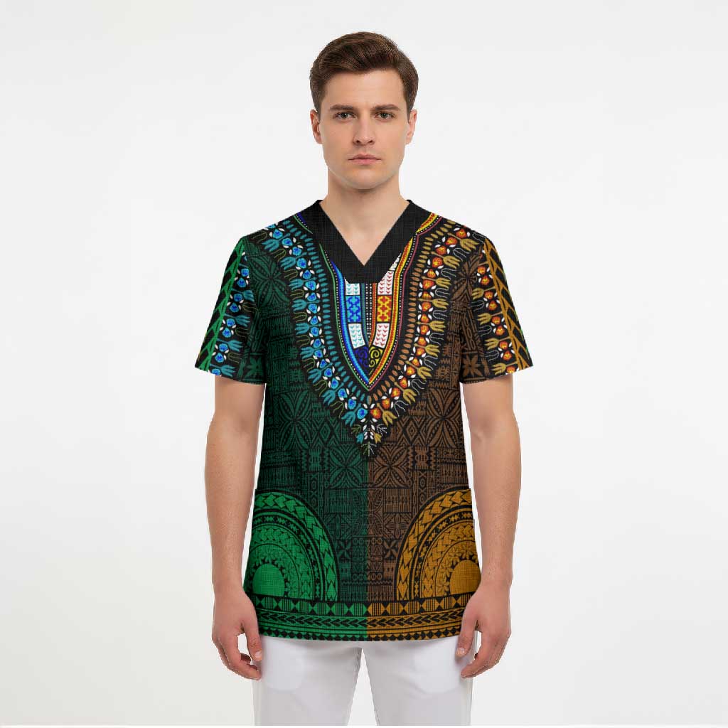 Green-gold Dashiki and Tapa Pattern Scrub Top Africa-Polynesia Together Culture
