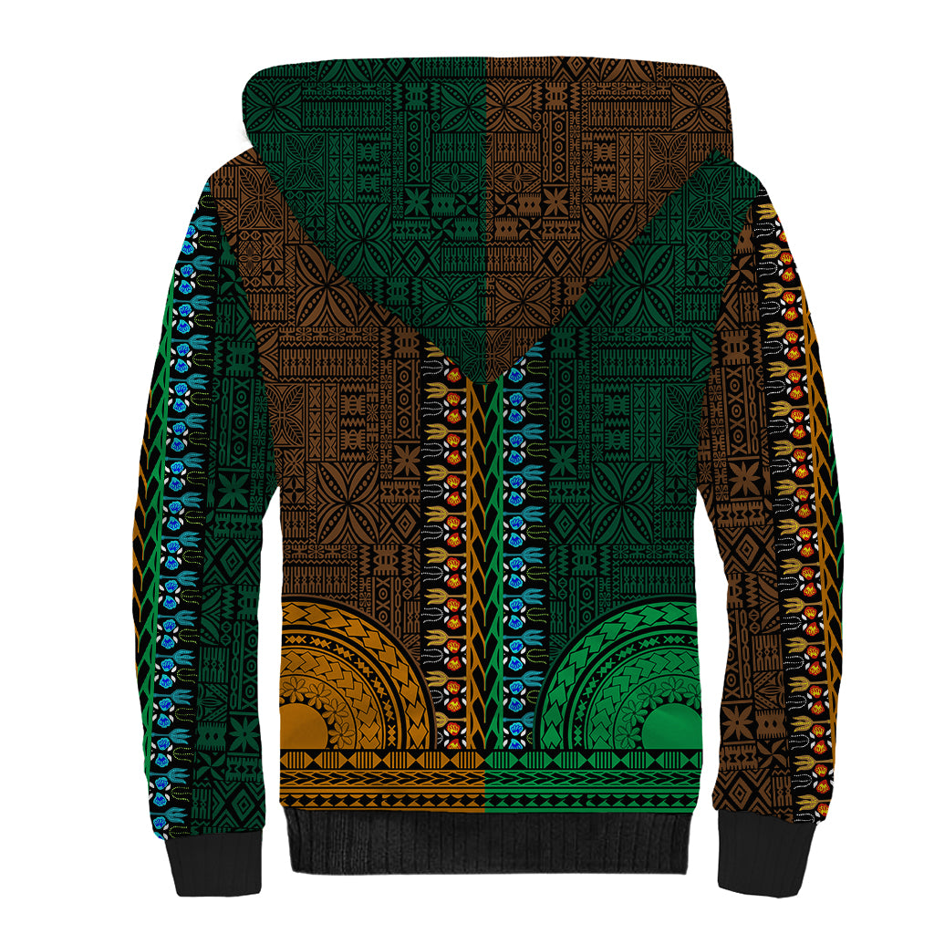 African Dashiki Sherpa Hoodie With Tapa Pattern - Half Green and Gold - Wonder Print Shop