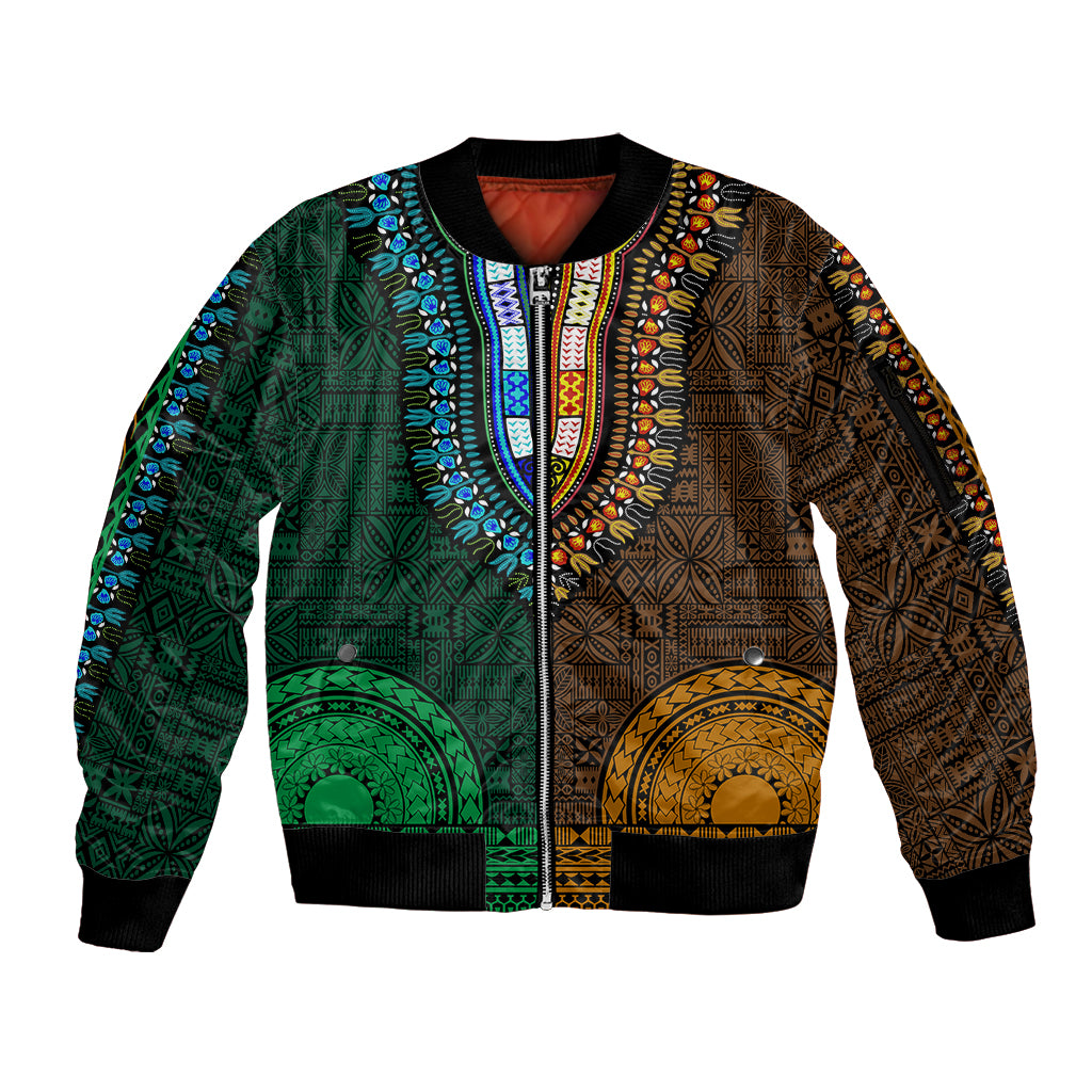 African Dashiki Sleeve Zip Bomber Jacket With Tapa Pattern - Half Green and Gold - Wonder Print Shop