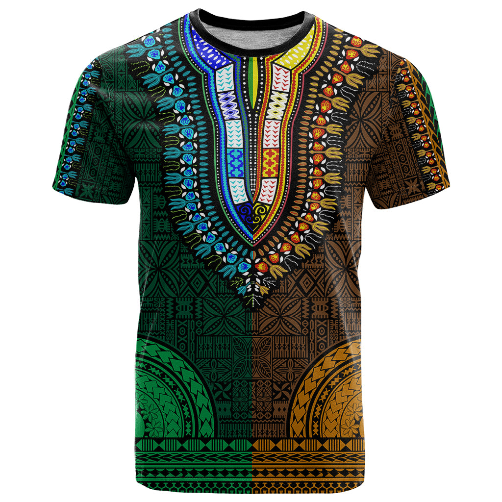 African Dashiki T Shirt With Tapa Pattern - Half Green and Gold - Wonder Print Shop