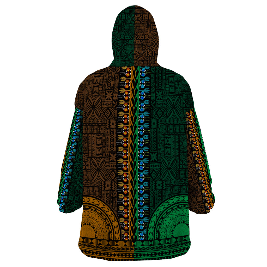 African Dashiki Wearable Blanket Hoodie With Tapa Pattern - Half Green and Gold - Wonder Print Shop