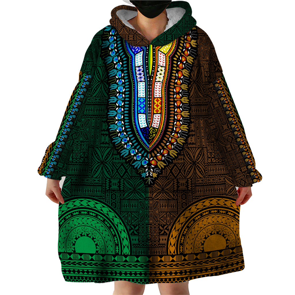 African Dashiki Wearable Blanket Hoodie With Tapa Pattern - Half Green and Gold - Wonder Print Shop