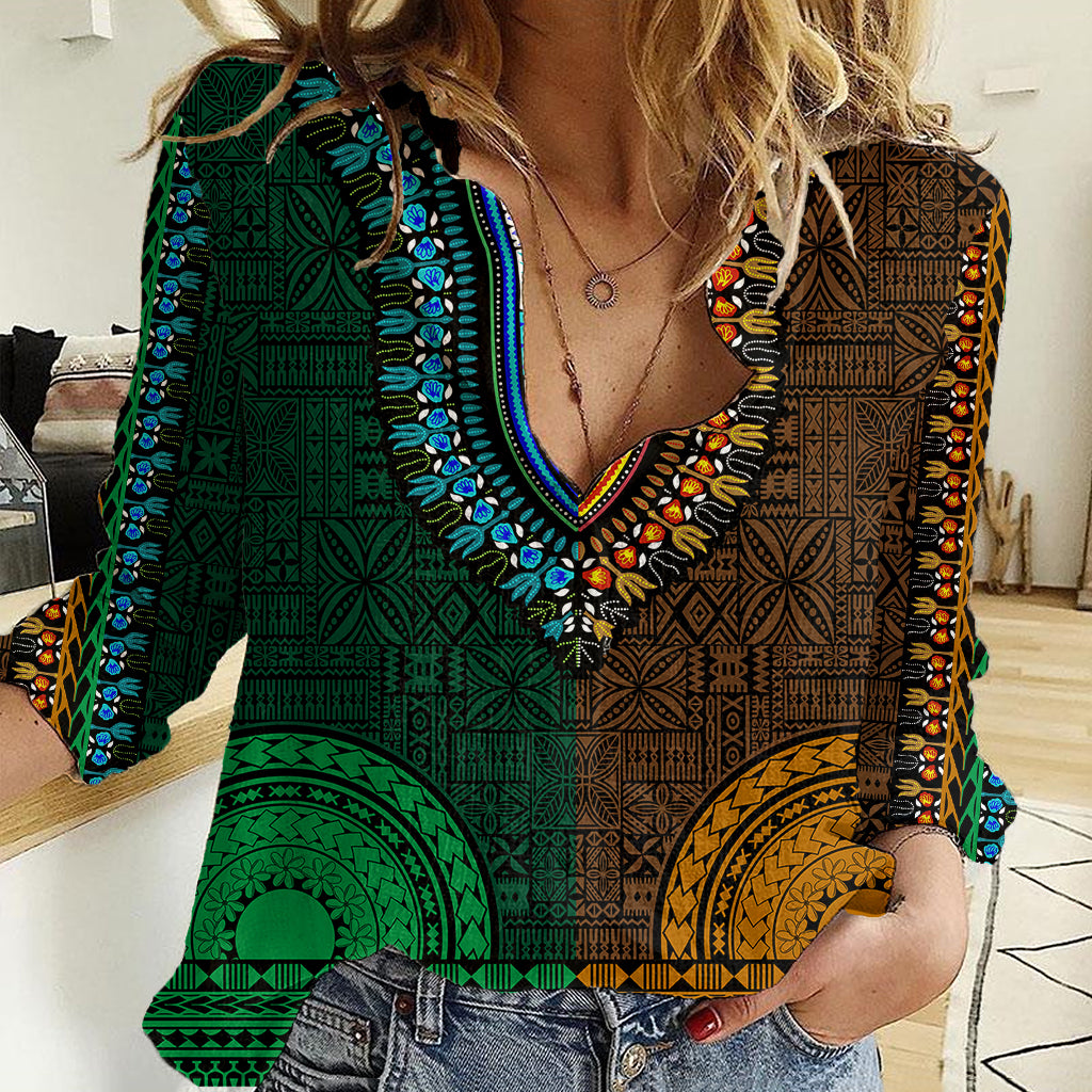 African Dashiki Women Casual Shirt With Tapa Pattern - Half Green and Gold - Wonder Print Shop