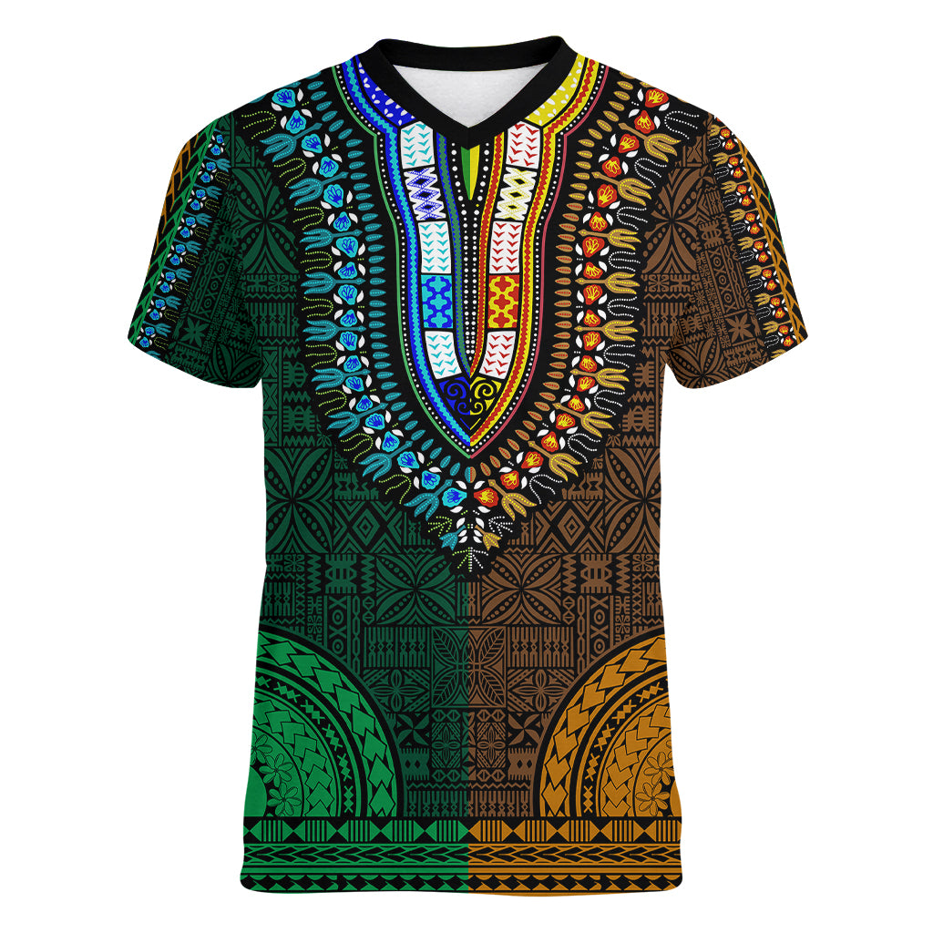 African Dashiki Women V Neck T Shirt With Tapa Pattern - Half Green and Gold - Wonder Print Shop