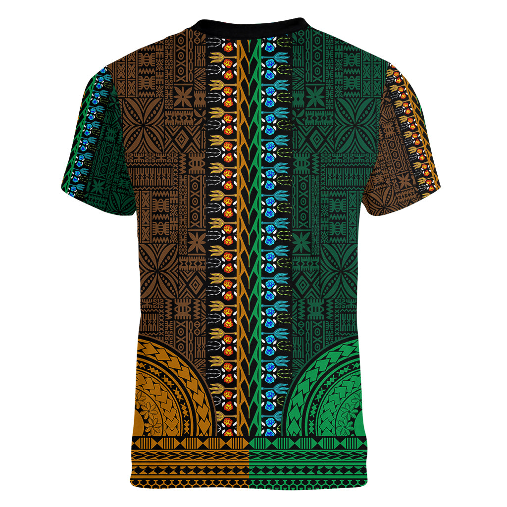 African Dashiki Women V Neck T Shirt With Tapa Pattern - Half Green and Gold - Wonder Print Shop