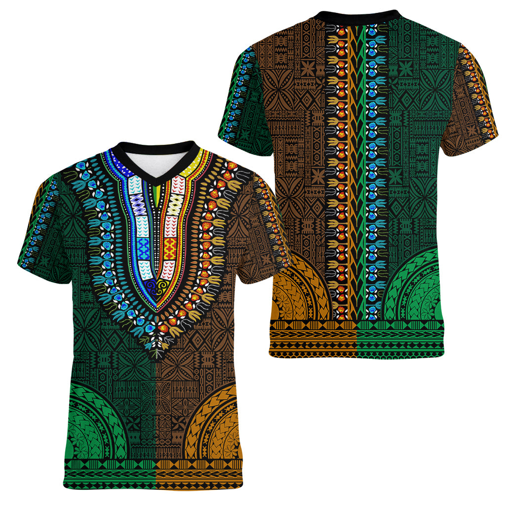 African Dashiki Women V Neck T Shirt With Tapa Pattern - Half Green and Gold - Wonder Print Shop