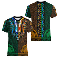 African Dashiki Women V Neck T Shirt With Tapa Pattern - Half Green and Gold - Wonder Print Shop