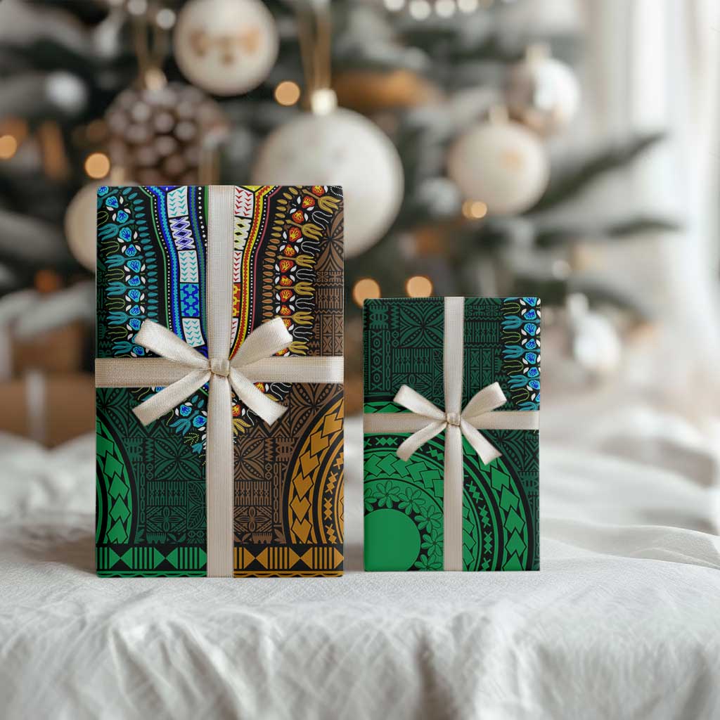 Green-gold Dashiki and Tapa Pattern Wrapping Paper Africa and Polynesia Together Culture - Wonder Print Shop