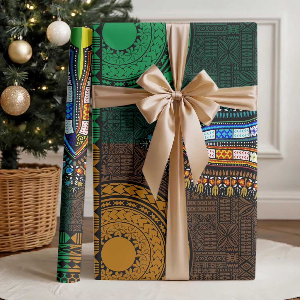 Green-gold Dashiki and Tapa Pattern Wrapping Paper Africa and Polynesia Together Culture - Wonder Print Shop