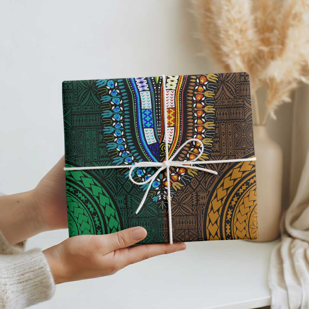 Green-gold Dashiki and Tapa Pattern Wrapping Paper Africa and Polynesia Together Culture - Wonder Print Shop