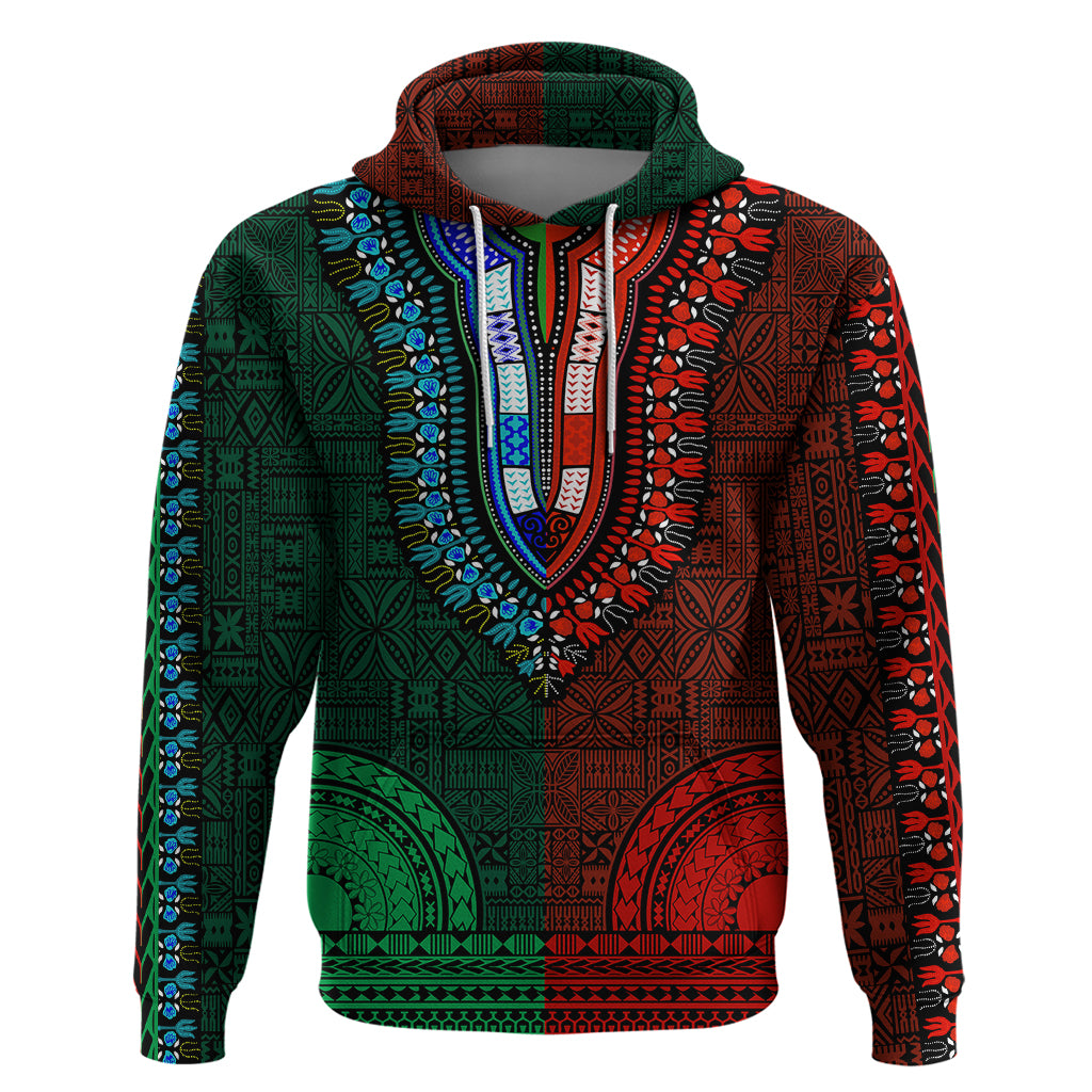 African Dashiki Hoodie With Tapa Pattern - Half Green and Red - Wonder Print Shop