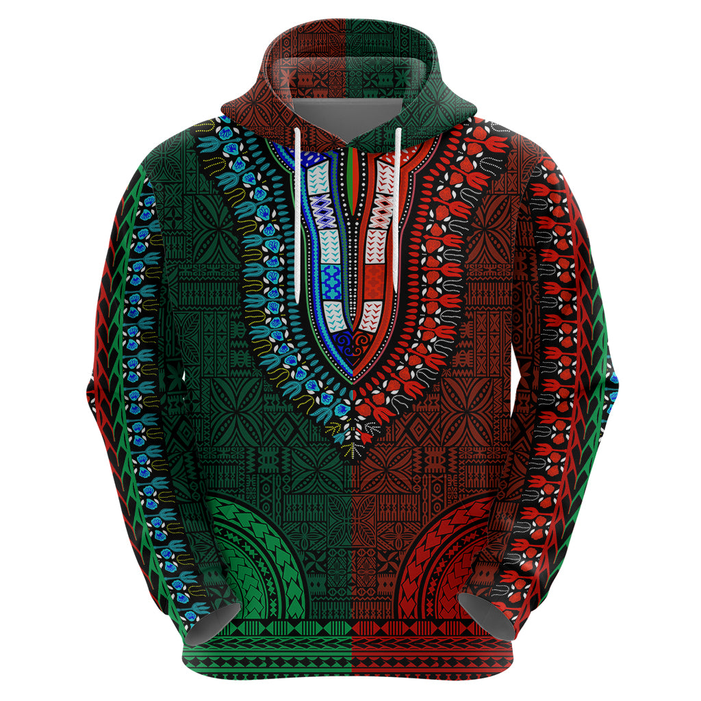African Dashiki Hoodie With Tapa Pattern - Half Green and Red - Wonder Print Shop