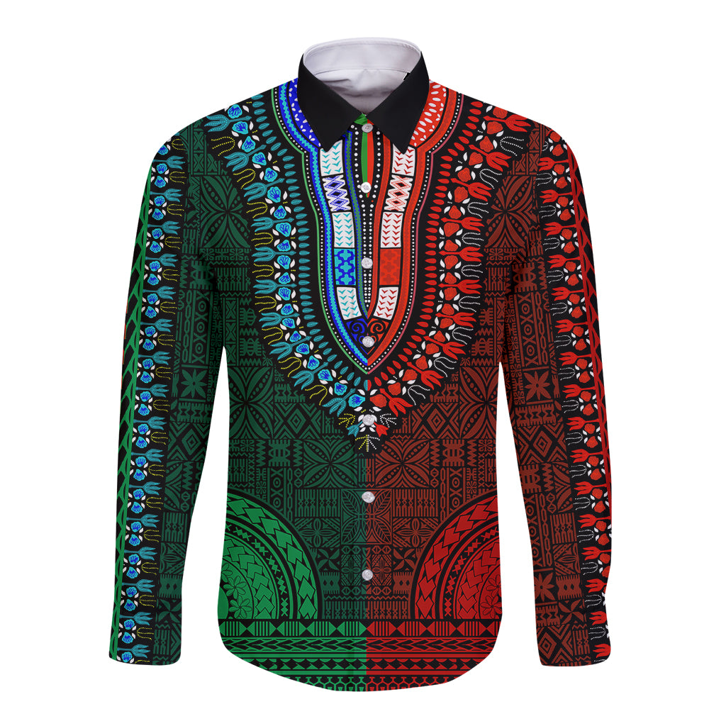 African Dashiki Long Sleeve Button Shirt With Tapa Pattern - Half Green and Red - Wonder Print Shop