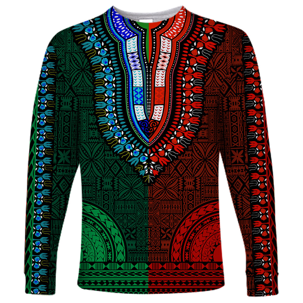 African Dashiki Long Sleeve Shirt With Tapa Pattern - Half Green and Red - Wonder Print Shop