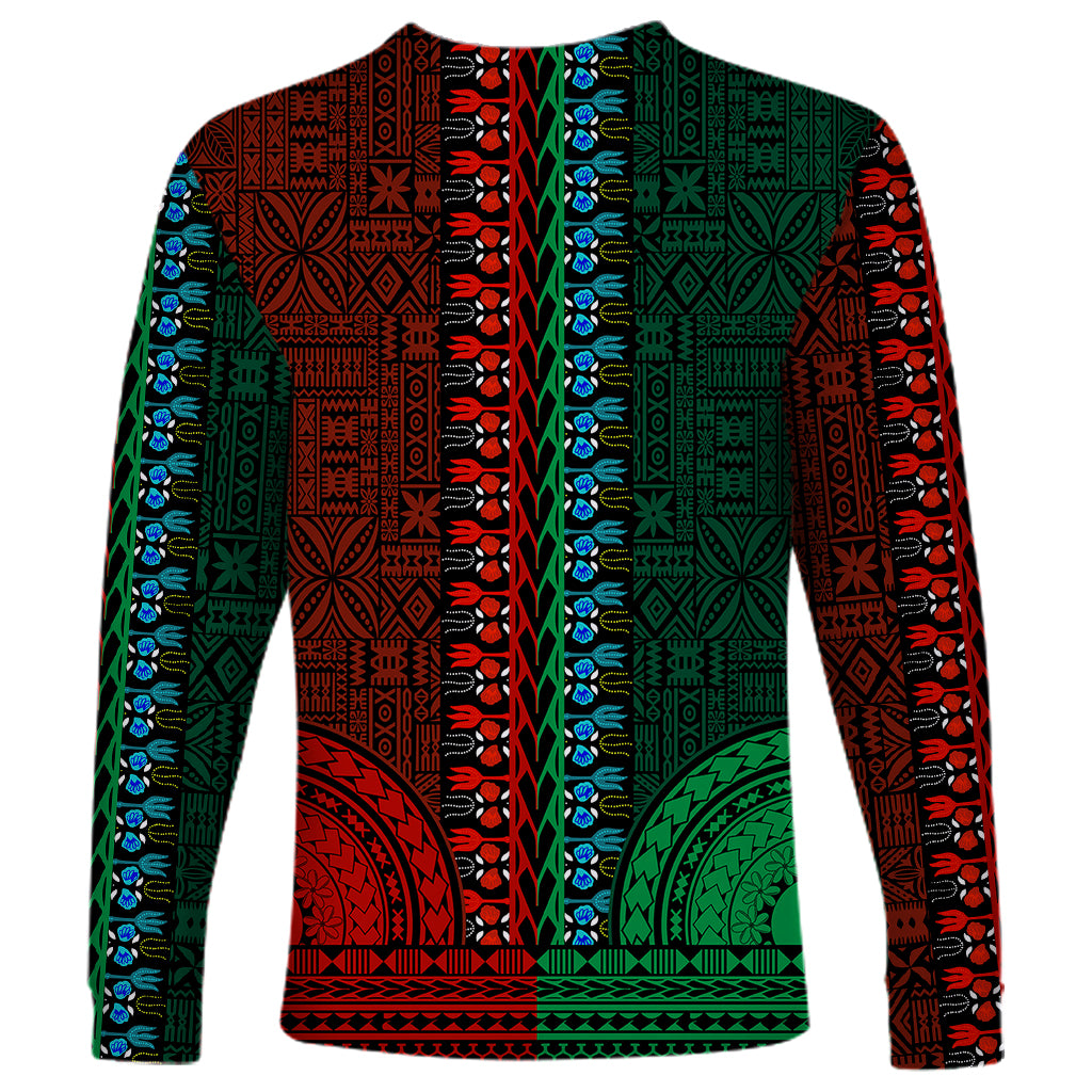 African Dashiki Long Sleeve Shirt With Tapa Pattern - Half Green and Red - Wonder Print Shop