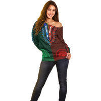 African Dashiki Off Shoulder Sweater With Tapa Pattern - Half Green and Red - Wonder Print Shop