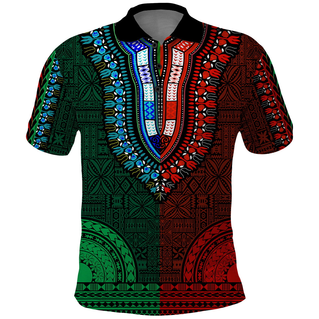 African Dashiki Polo Shirt With Tapa Pattern - Half Green and Red - Wonder Print Shop