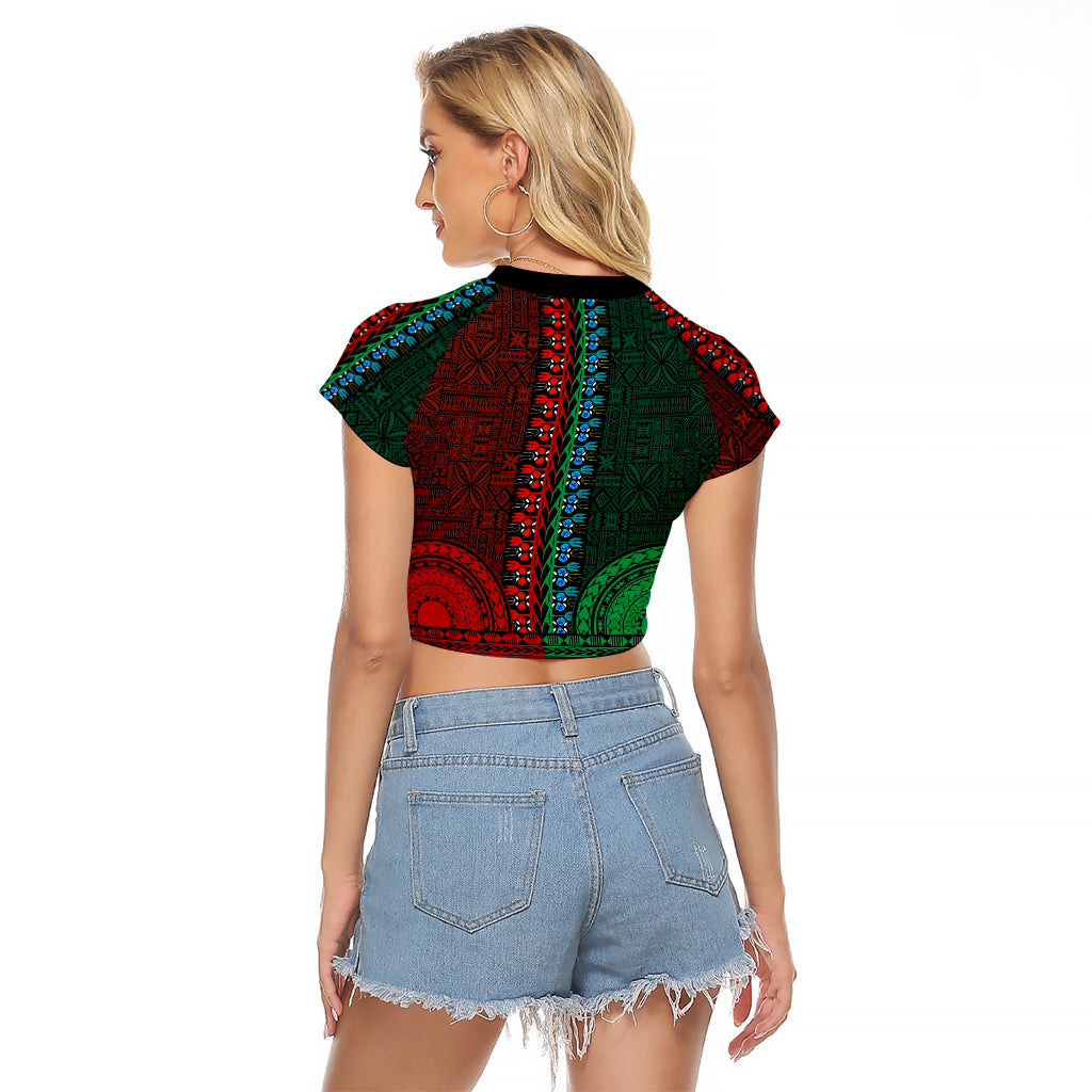 African Dashiki Raglan Cropped T Shirt With Tapa Pattern - Half Green and Red - Wonder Print Shop