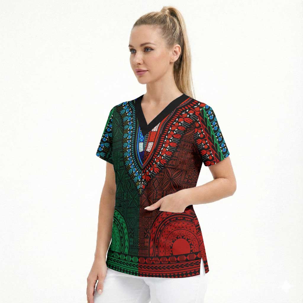Green-red Dashiki and Tapa Pattern Scrub Top Africa-Polynesia Together Culture