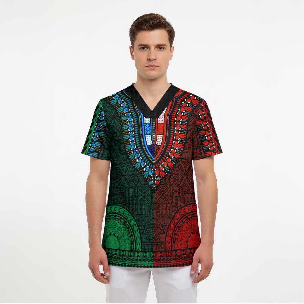 Green-red Dashiki and Tapa Pattern Scrub Top Africa-Polynesia Together Culture