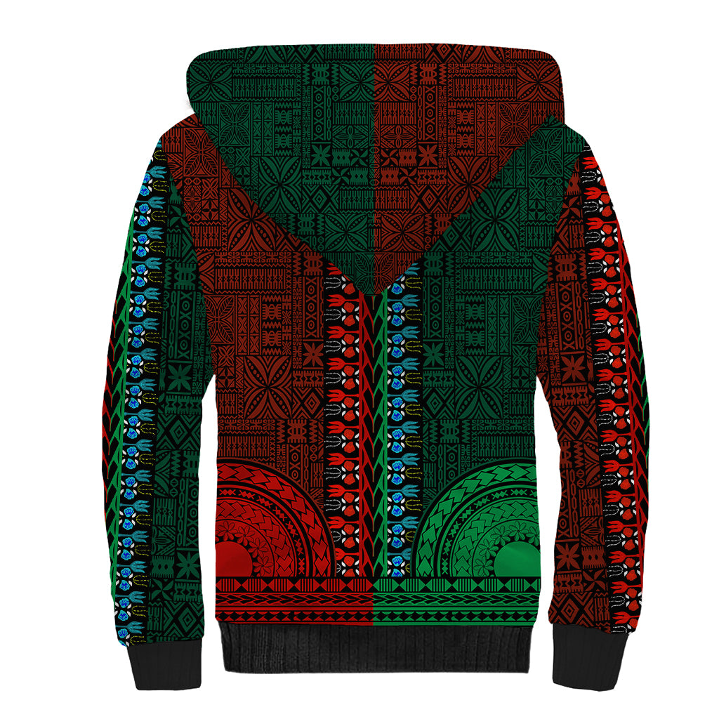 African Dashiki Sherpa Hoodie With Tapa Pattern - Half Green and Red - Wonder Print Shop