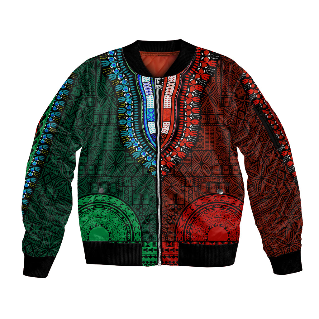 African Dashiki Sleeve Zip Bomber Jacket With Tapa Pattern - Half Green and Red - Wonder Print Shop