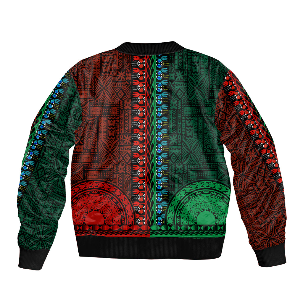 African Dashiki Sleeve Zip Bomber Jacket With Tapa Pattern - Half Green and Red - Wonder Print Shop
