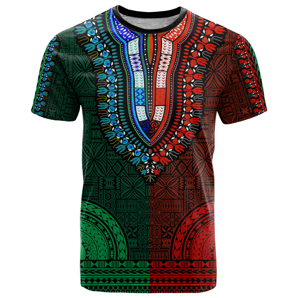 African Dashiki T Shirt With Tapa Pattern - Half Green and Red - Wonder Print Shop