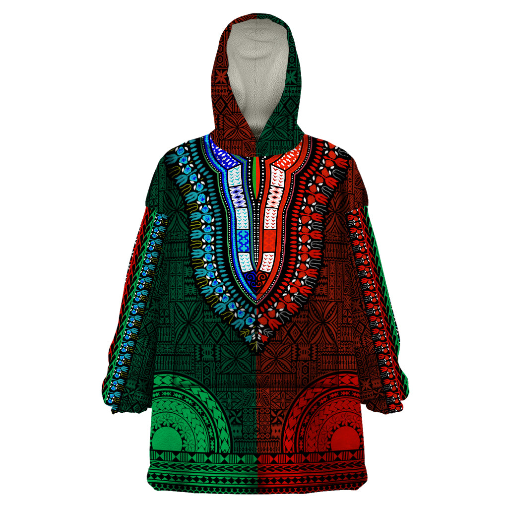 African Dashiki Wearable Blanket Hoodie With Tapa Pattern - Half Green and Red - Wonder Print Shop