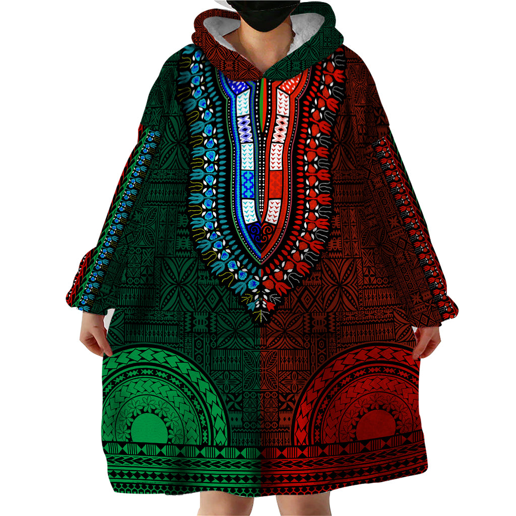 African Dashiki Wearable Blanket Hoodie With Tapa Pattern - Half Green and Red - Wonder Print Shop